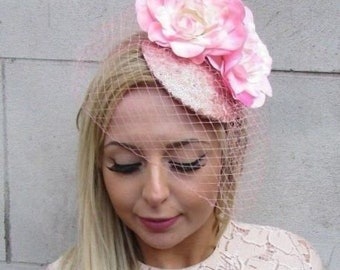 Blush Pink Rose Gold Flower Birdcage Veil Flower Hair Fascinator Races Hat 5294