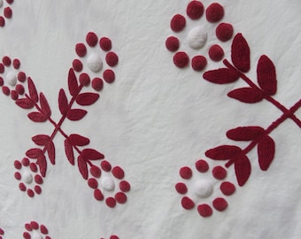 Beautiful, Rare But VERY FLAWED Burgundy / Maroon & Plump Snowball Centered Flowers Vintage Chenille Bedspread Cabin Crafts
