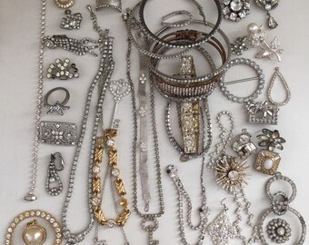 Clear Rhinestone Broken Jewelry Lot Vintage Mod Repair Craft Repurpose DIY Weddding Bouquet