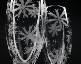 Flutes Winter Wedding Two Hand Engraved Champagne Flutes 'Floating Flakes' Crystal Glass Holiday Stemware
