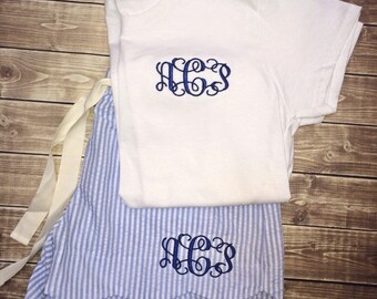 Ladies Seersucker Pajama Sets, Custom Pajama Sets, Pajama Shirt and Shorts, Scalloped Seersucker Shorts