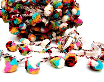 Pompom Lace,Cotton Mutli Colored Pom Pom Trim, Indian Pom Pom, Scarf Pompom Trim, Pompom Fringe, 5 Yards, Boho,Home Decor