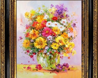 Wooden Framed Impressionist Flower Still Life Oil On Canvas Painting E.Colton Signed