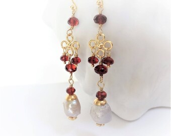 RED QUEEN Garnet & Baroque Pearl Earrings, Bali Gold Vermeil, Mozambique Red Garnet, gifts for her