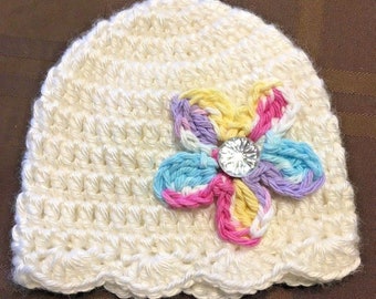Handmade crochet white baby girl hat with confetti & bling flower