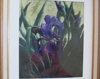 Vintage Pastel Iris Painting Framed