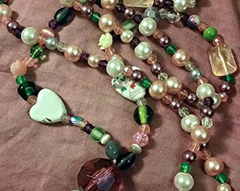 Pearl and beaded lanyard. Pink, Purple, Green