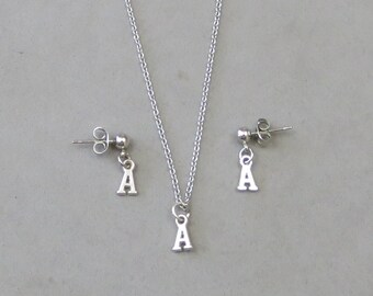 Tiny Initial A Necklace and Earring Set- Gold or Silver Plated