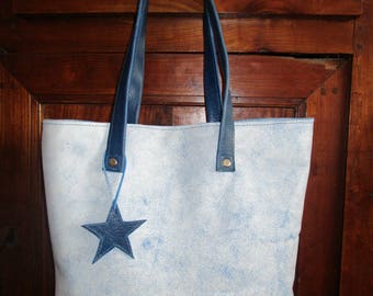 hard blue leather tote bag and Crackle white blue