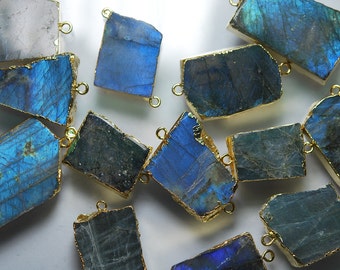 24k Gold Plated, 4 Pieces, Full Flash Large Blue Labradorite Slice Connector, Size 40-30mm