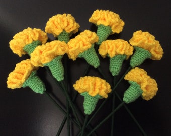 Finished Yellow Crochet Carnation Bouquet Made of 10 Yellow Carnations Home Deco /Gift