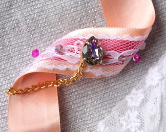 Lacy Swarovski Bracelet Peach/Pink/White-lace satin ribbon-crystal beads bracelet