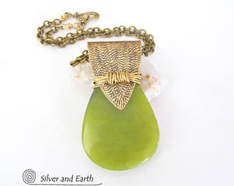 Green Jade Necklace, Gold Brass Necklace, Natural Stone Jewelry, Green Stone Pendant, Metalwork, One of a Kind Gift, Unique Handmade Jewelry