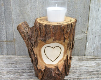 9th Anniversary Candle of Rustic Willow Wood Inscribed with Your Names in a Heart OOAK Unique and One of a Kind Wood Burned Personalization