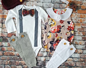 Twin Baby Girl and Boy Outfits. Fall, Thanksgiving Set. New Baby. Baby Shower gift. Blessing outfits. Bowtie Bodysuit w Romper. Burgandy.