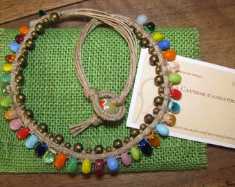 Short necklace of small drops multicolored and bronze beads macrame linen