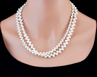 Double Strand Pearl Necklace, White Pearl Necklace, Multi Strand Pearl Necklace, Real Pearl Necklace, Freshwater Pearl Jewelry for Her
