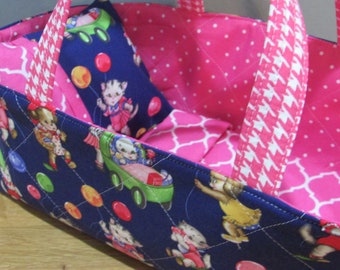 Doll Carrier, Kitties and Puppies with Balloons, Pink Lining, 14 Inches Long, Doll Basket