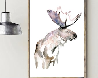 Set of 2 Moose paintings giclee prints moose watercolor