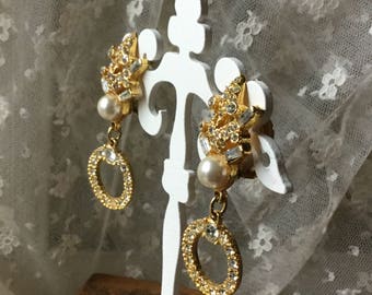 Opulent Clear Rhinestone Faux Pearl Gold Tone Dangling Drop Earrings Unsigned Clip On Evening Wear Top and Drop Hoops Feminine Woman
