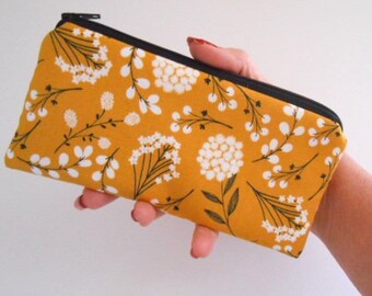 Zipper Pouch for Phone Large Cosmetic Zipper Pouch Clutch ECO Friendly Padded NEW SIZE Mustard Floral Toss