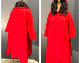 CARDINAL RED 1950's 1950s Vintage 1960's 1960s Fur Felt Holiday Swing Designer Lilli Ann Car Coat w Sequined Soutache Portrait Collar M L Xl