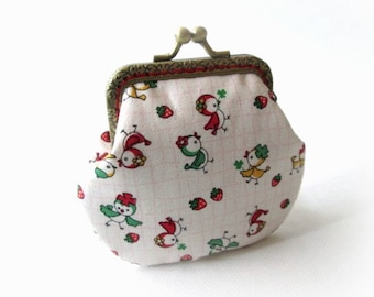 Frame coin pouch, cute birds with strawberries cotton fabric, bronze kiss lock clasp, metal change purse