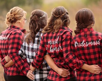 Bridal Party Flannels, Bridesmaid, Maid of Honor, Bride, Red Black and White, Wedding Day Flannel Shirts
