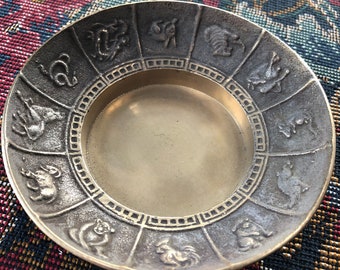 Vintage Brass Chinese Zodiac Catch All Dish Candle Holder