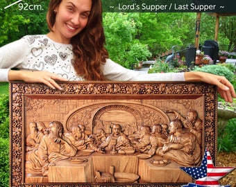 36" Lords Supper / Last Supper Wood Carved 3D The bible icon orthodox picture