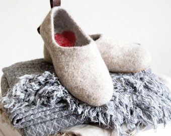 Felted Warmest Love Clogs -Felt organic merino wool neutral beige grey-felted slippers-handmade slippers valentines day gift-womens slippers