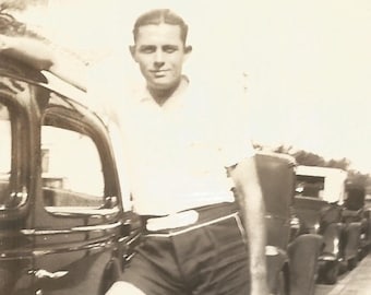Vintage Photo "West Palm Beach" Handsome Man Antique Car Swim Trunks Shorts Florida Found Vernacular Photo