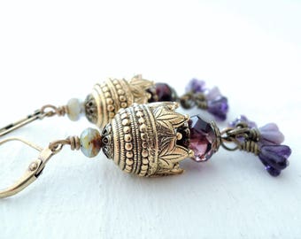 Purple Gold Earrings Exotic Garden Secret Garden Earrings Amethyst Flower Earrings Exotic Gold Statement Earrings Glass Flower Earrings