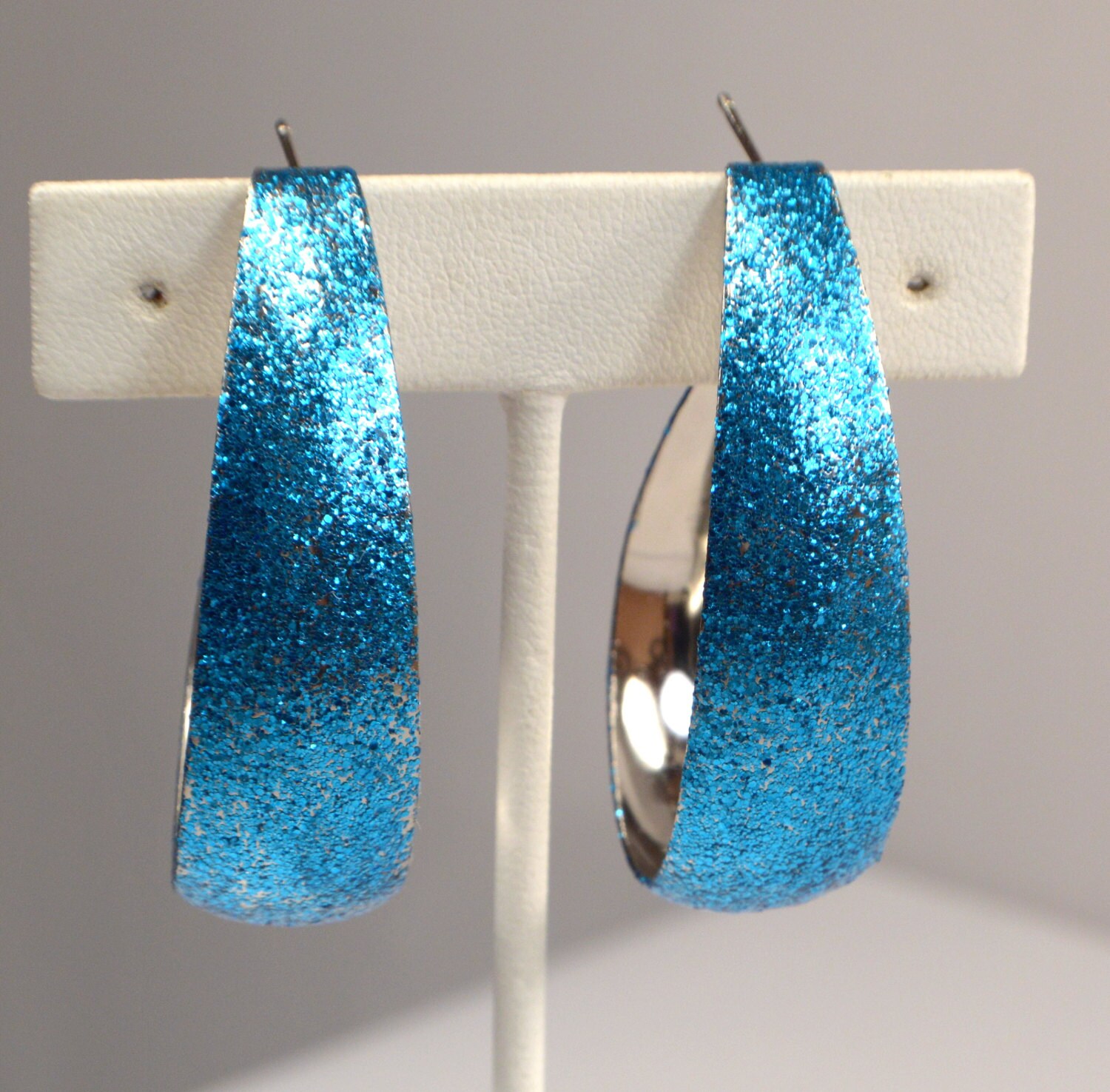 Light Blue Glitter Sparkle Hoop Earrings Vintage Silver Post