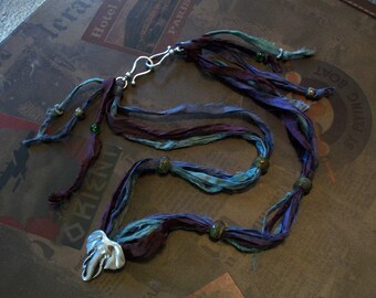 Bohemian Sari silk Ribbon Necklace & Silver Elephant