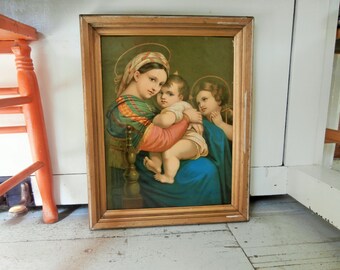 Vintage, Framed, Religious Print, Virgin And Child, Lithograph, Glossy Paper