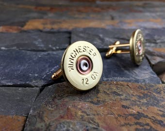 Bullet Cufflinks, Winchester 12 Gauge Brass Shotgun Cuff Links Cufflinks - Gold Ton, Gold Cufflinks, Shotgun Cufflinks, Wedding Cufflinks
