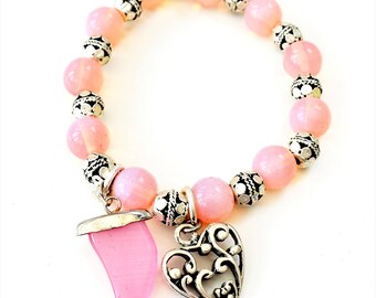 Pink Mexican Opal Sphere cat eye & silver tones stretch bracelet