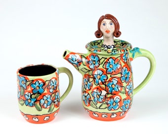 Ceramic Pottery Teapot with matching Tea Mug, "Natalie" Teapot in Ceramic Pottery