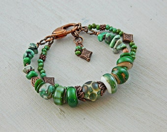 Green Artisan Lampwork bracelet / Boho Beaded bracelet / Rustic Bohemian Glass beads bracelet / Gypsy jewelry / BohoChic / Gift for Her
