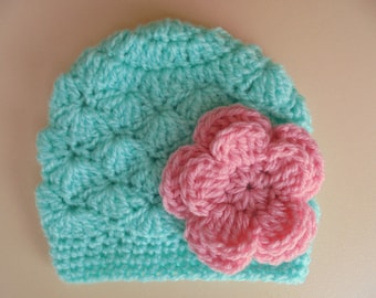 Newborn girl hat, crochet baby hat, baby girl hat, mint green baby hat, crochet newborn hat, flower baby hat, baby girl outfit
