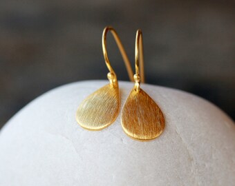 Gold Teardrop Earrings, Everyday Sparkle Earrings, Gold Vermeil Curved Drops, Sparkly Metal Earrings, Brushed Metal Earrings