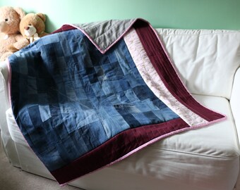 Denim, maroon and floral patchwork lap quilt