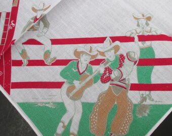 Vintage Cowboy Handkerchief Printed Red Green Novelty Print Cotton Western Theme