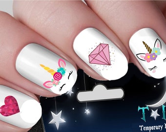 Pink Unicorn Hearts & Diamonds Nail Decals Nail Art Wraps Water Transfers Nails Decals Nail Stickers TI129