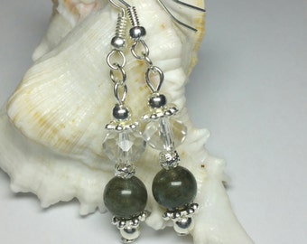 Labradorite Earrings, Crystal Earrings, Gemstone Earrings, Silver Handmade Costume Jewellery, Under 25 Gift, Green Dangle Drop Earrings
