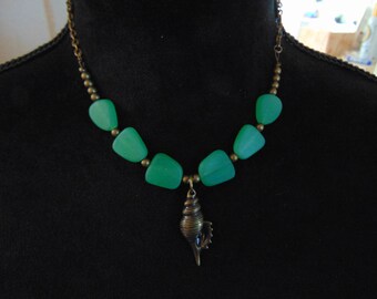 Green Glass and Shell Necklace