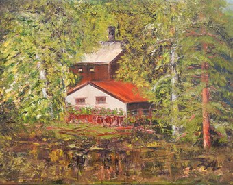 Original Oil Painting. Summer house. Oil on canvas.