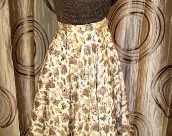 Vintage Cream Quilted Circle Skirt with Floral Design and Rhinestone Detail, ca 1950s