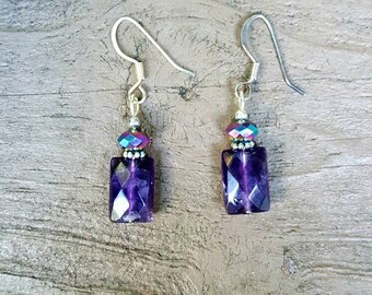 Amethyst dangles, Amethyst earrings, Small amethyst dangles, amethyst and sterling silver earrings, amethyst faceted square earrings